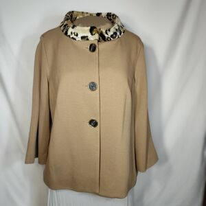 Chico's Wms Tan Swing Jacket, 3/4 Bell Sleeves Faux Leopard Collar, US Size 8